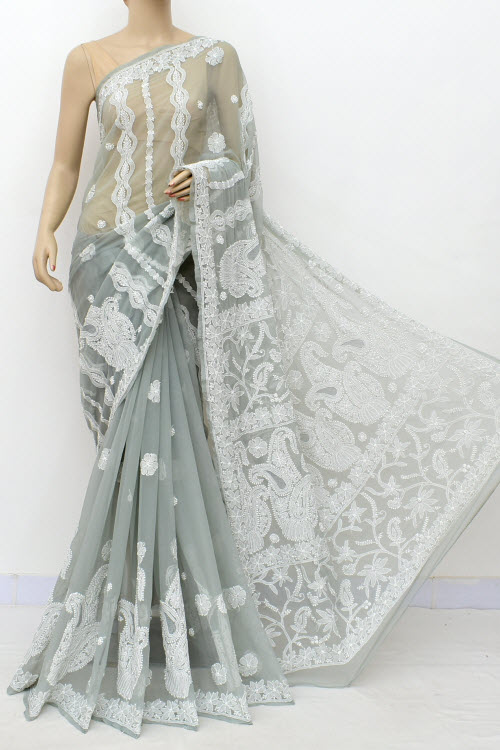 Ethnic Wear Georgette Chikankari Saree Blouse Lucknawi Embroidery Sari
