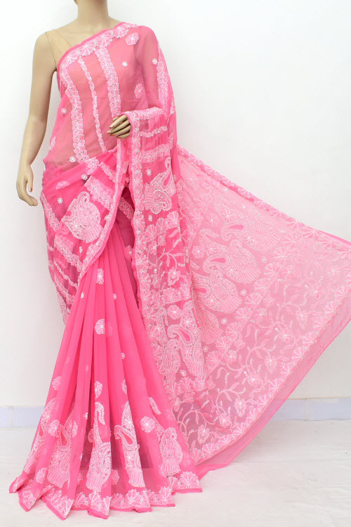 Onion Hand Embroidered Lucknowi Chikankari Saree (With Blouse - Georgette) Rich Pallu 14982