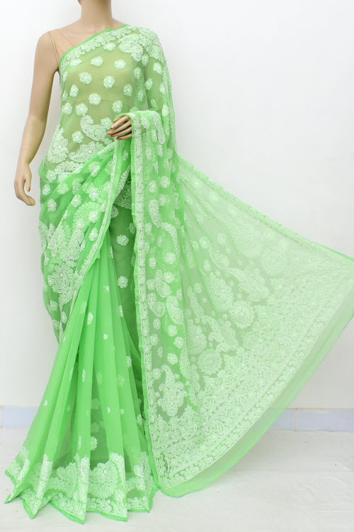 Pista Green Hand Embroidered Lucknowi Chikankari Saree (With Blouse - Georgette) Half Jaal 14979
