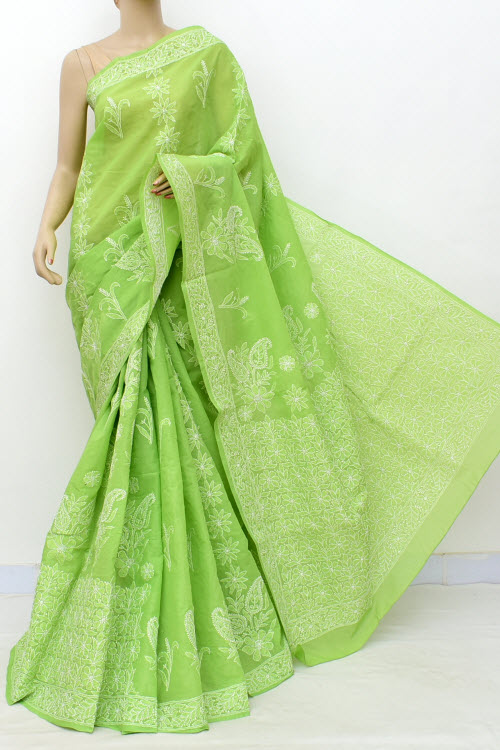 Menhdi Green Hand Embroidered Lucknowi Chikankari Saree (With Blouse - Cotton) Heavy Skirt Border and Rich Pallu 14797