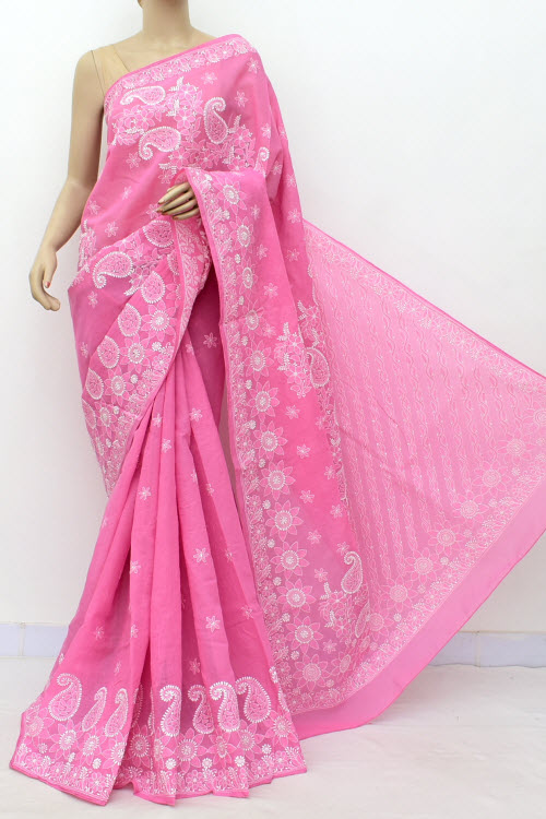 Onion Hand Embroidered Lucknowi Chikankari Saree (With Blouse - Cotton) Heavy Skirt Border and Rich Pallu 14782