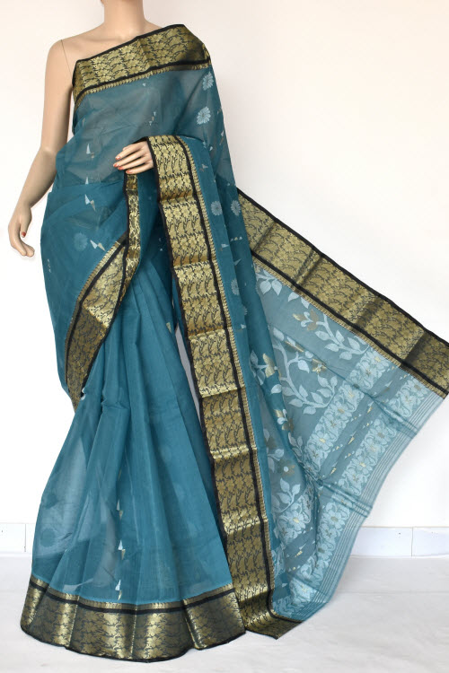 Greyish Blue Handwoven Bengali Tant Cotton Saree (Without Blouse) 14002