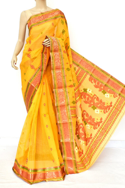 Golden Yellow Handwoven Bengal Tant Cotton Saree (Without Blouse) Zari Border 14112
