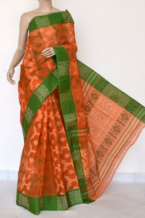 Orange Handwoven Bengal Jamdani Tant Cotton Saree (Without Blouse) 14285