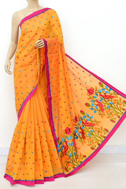 Yellow Embroidered Handloom Chanderi Cotton Saree (With Blouse) 16315