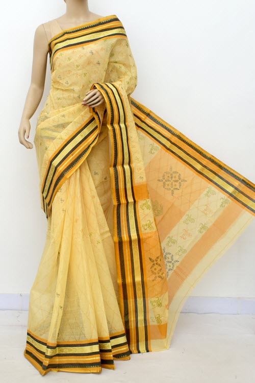 Beige Printed Handwoven Bengal Tant Cotton Saree (Without Blouse) 17150