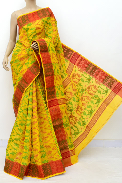 Yellow Jamdani Handwoven Bengal Tant Cotton Saree (Without Blouse) 17837