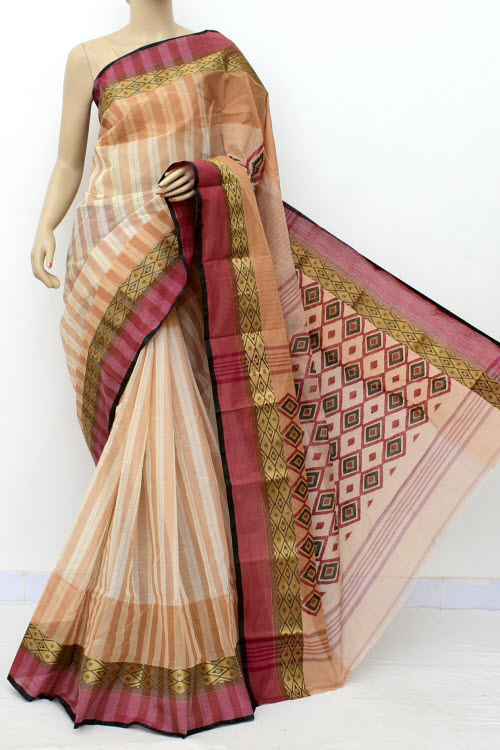 Fawn Designer Handwoven Bengal Tant Cotton Saree (Without Blouse) Zari Border 17834