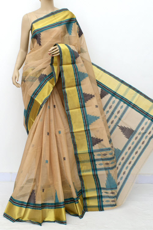Fawn Designer Handwoven Bengal Tant Cotton Saree (With Blouse) Temple Zari Border 17833