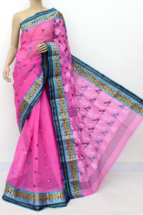 Pink Designer Handwoven Bengal Tant Cotton Saree (Without Blouse) Zari Border 17832