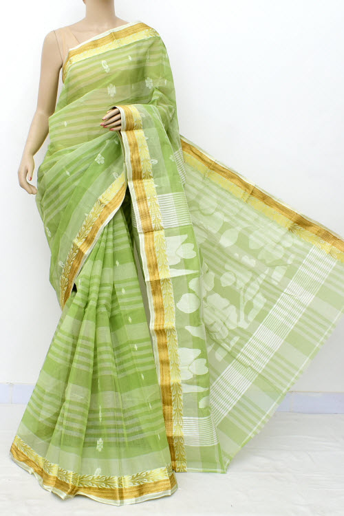 Pista Green Handwoven Bengal Tant Cotton Saree (Without Blouse) Zari Border 17823