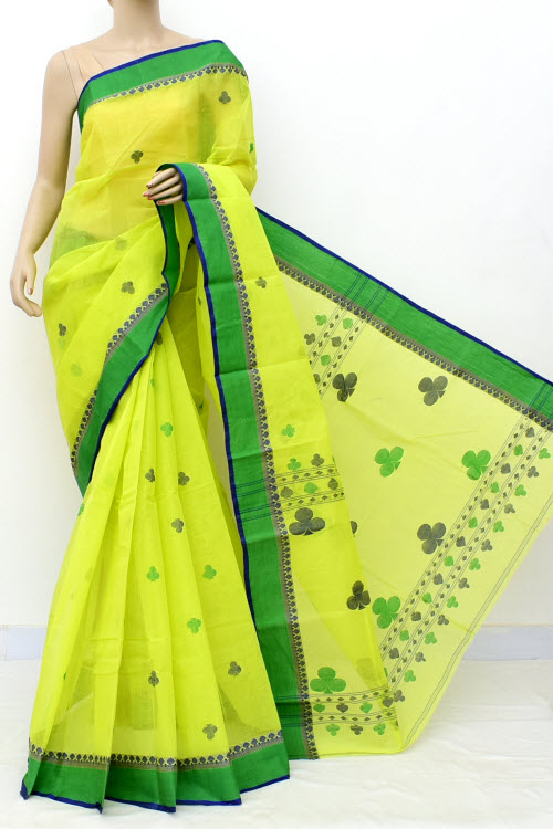 Greenish Yellow Exclusive Handwoven Bengal Tant Cotton Saree (With Blouse) 17599