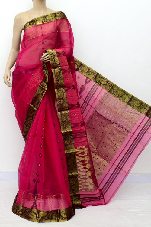 Pinkish Magenta Handwoven Bengal Tant Cotton Saree (Without Blouse) Zari Border & Pallu 17132