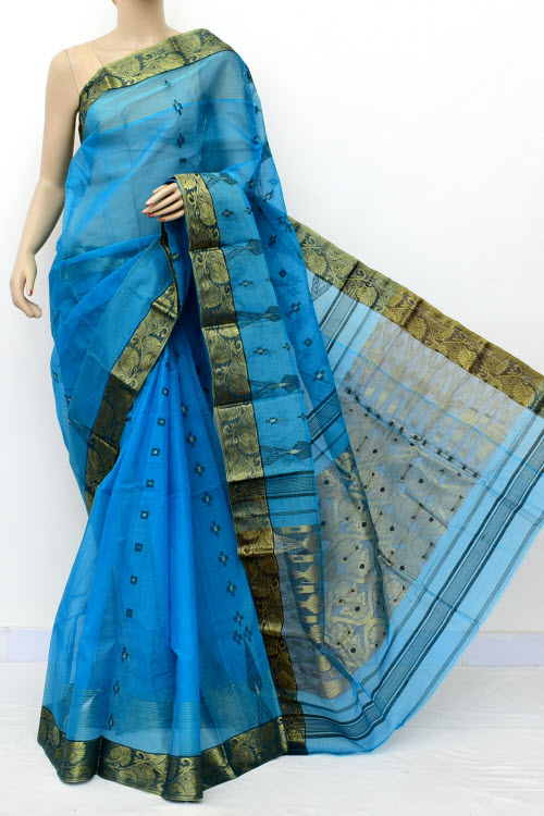 Pherozi Blue Handwoven Bengal Tant Cotton Saree (Without Blouse) Zari Border & Pallu 17130