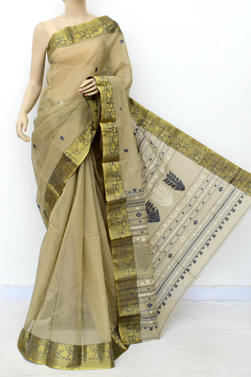 Ash Color Trendy Handwoven Bengal Tant Cotton Saree (Without Blouse) Zari Border 17586