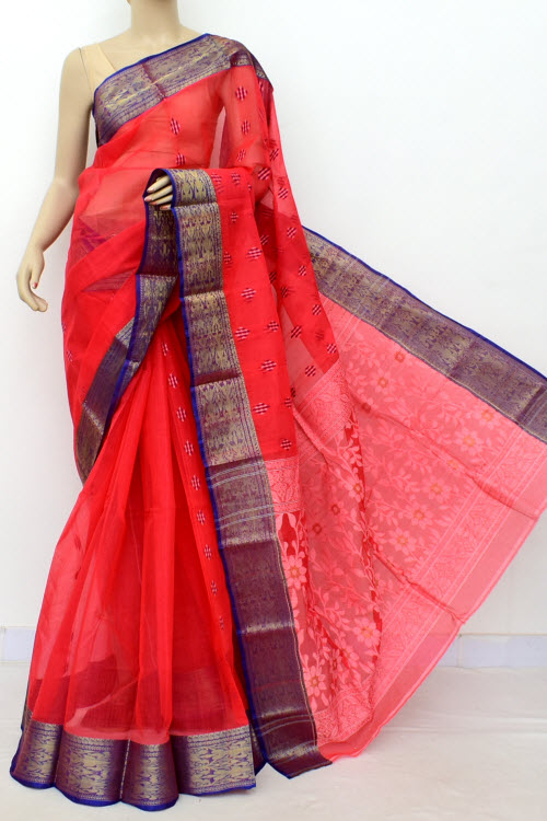 Tomato Red Exclusive Handwoven Bengal Tant Cotton Saree (Without Blouse) Zari Border 17503