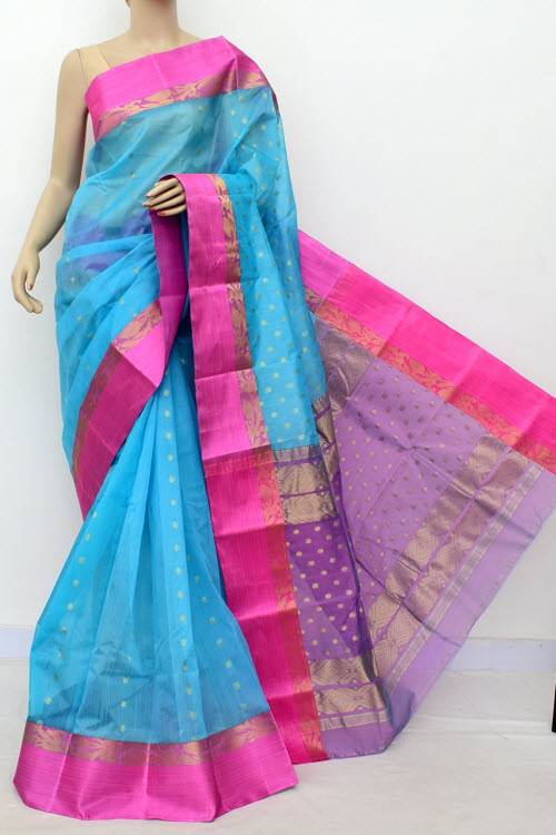 Pherozi Blue Pink Exclusive Handwoven Bengal Tant Cotton Saree (Without Blouse) Zari Border 17435