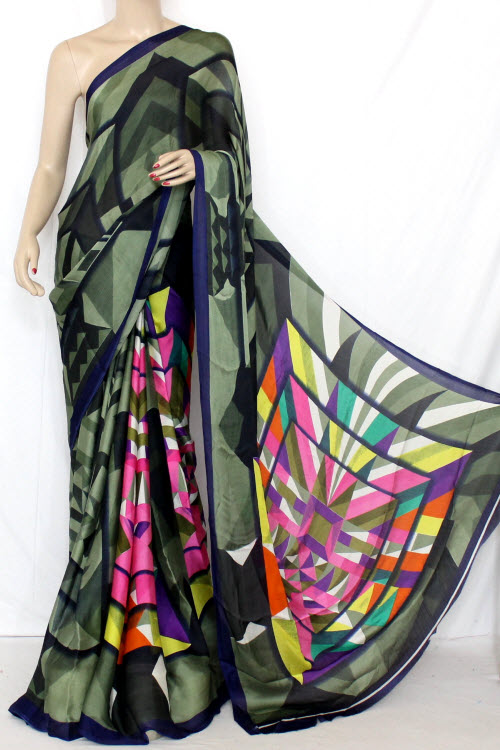 Green - Nevy Blue Printed Crepe Silk Saree (With Blouse) 13357 