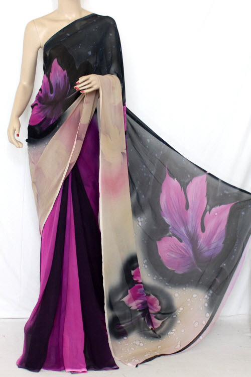 Fawn - Purple Half-Half Printed Dx Quality Faux Georgette Saree (With Blouse) 13358