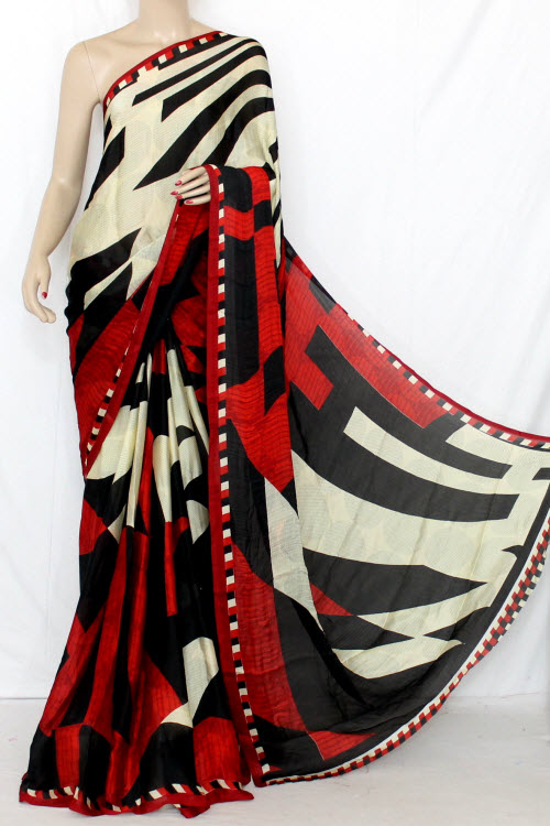 Black - Red Printed Crepe Silk Saree (With Blouse) 13359