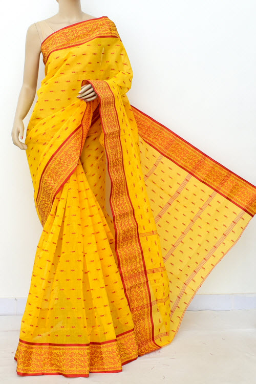 Golden Yellow Handwoven Bengal Tant Cotton Saree (Without Blouse) Allover Booti, Resham Border 17179