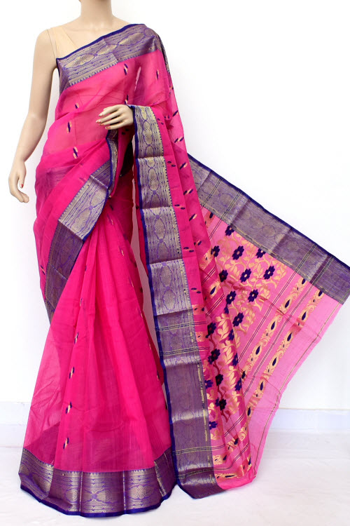 Pink Handwoven Bengal Tant Cotton Saree (Without Blouse) Zari Border 17129
