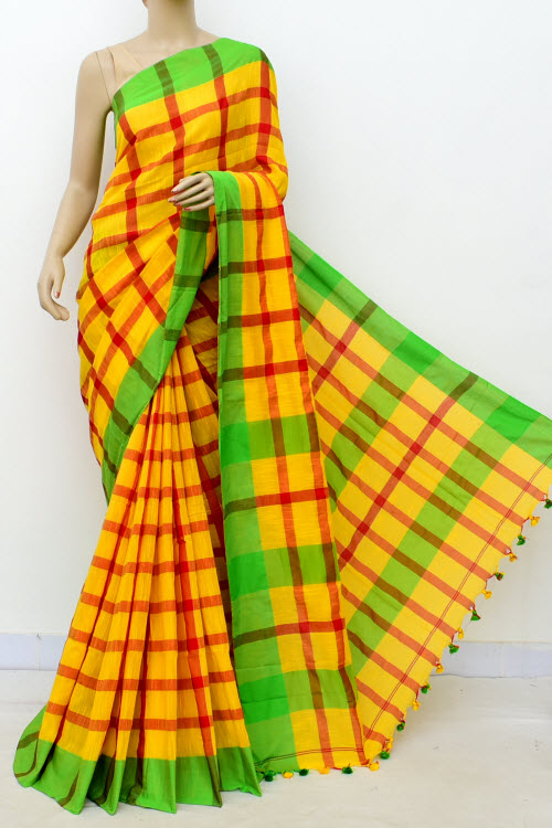 Yellow Red Handloom Soft Cotton Saree (With Blouse) Green Border 17654