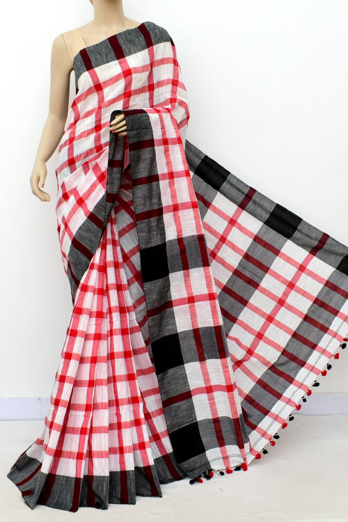 White Red Handloom Soft Cotton Saree (With Blouse) Black Border 17657