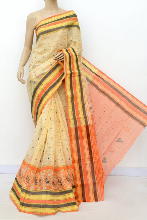 Beige Printed Handwoven Bengal Tant Cotton Saree (Without Blouse) 17808
