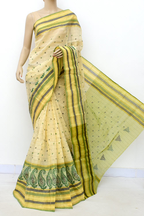 Beige Printed Handwoven Bengal Tant Cotton Saree (Without Blouse) 17809