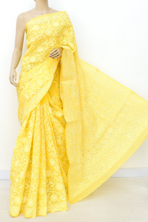 Yellow Allover Hand Embroidered Lucknowi Chikankari Saree (With Blouse - Cotton) 14744