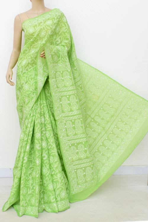 Green Allover Hand Embroidered Lucknowi Chikankari Saree (With Blouse - Cotton) 14740