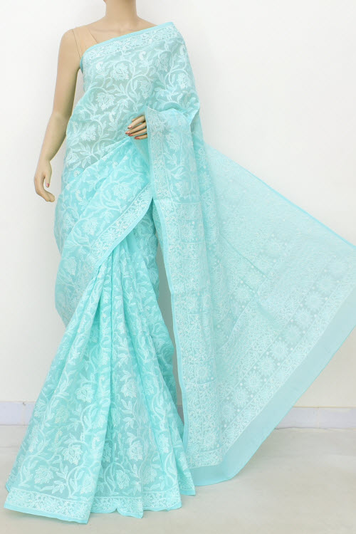 Light Sea Green Allover Hand Embroidered Lucknowi Chikankari Saree (With Blouse - Cotton) 14737