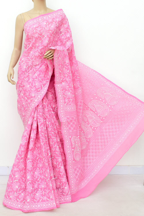 Onion Allover Hand Embroidered Lucknowi Chikankari Saree (With Blouse - Cotton) 14731