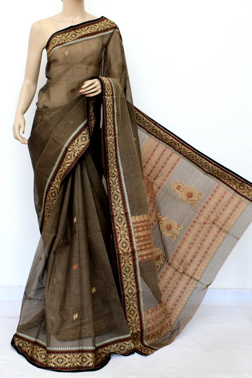 Chocolate Brown Designer Handwoven Bengal Tant Cotton Saree (Without Blouse) Resham Border 17034