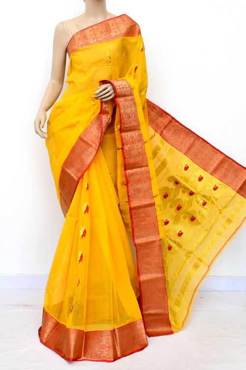 Deep Yellow Handwoven Bengal Tant Cotton Saree (Without Blouse) Zari Border 16992