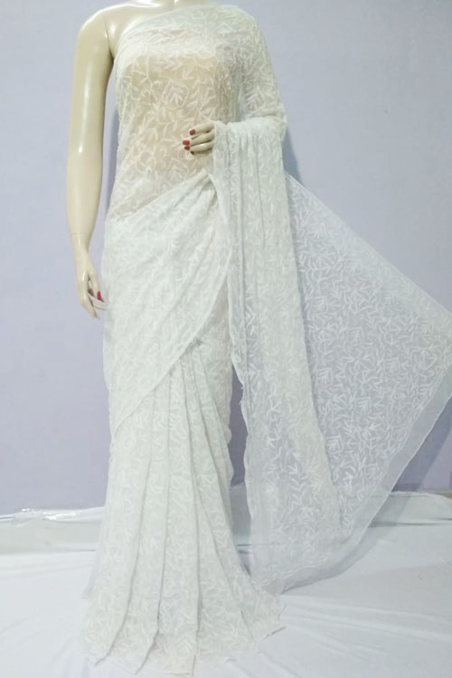 White Color Hand Embroidered Lucknowi Chikankari Saree (With Blouse - Georgette) allover designer work 71125