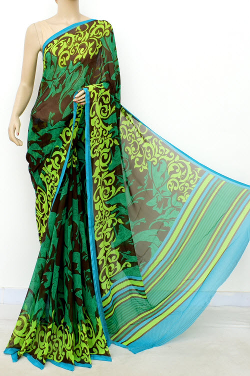 Green Coffee Printed Mul-Mul Georgette Saree (with Blouse) 16415