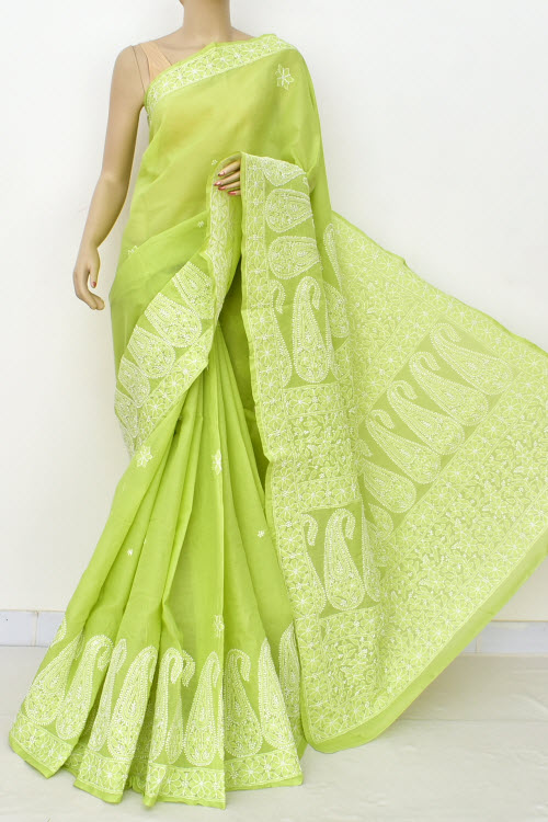 Lucknowi Chikankari Green Cotton Saree Online India