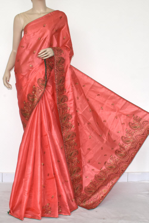 Peach Embroidered Tusser Art Silk Saree (With Blouse) 13468