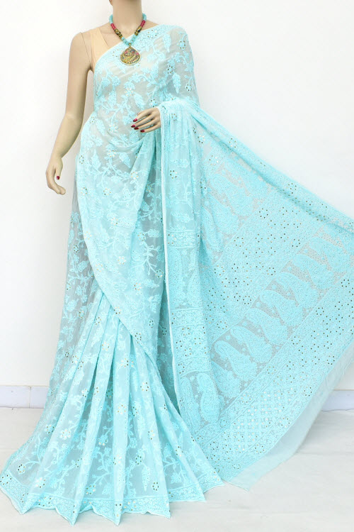 Sea Green Designer Allover Golden Mukaish Work Hand Embroidered Lucknowi Chikankari Saree - Viscose Georgette (With Blouse) A Bridal Collection 15217
