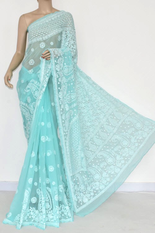 Shop Turquoise Art Silk Cotton Chikankari Saree Festive Wear Online at Best  Price