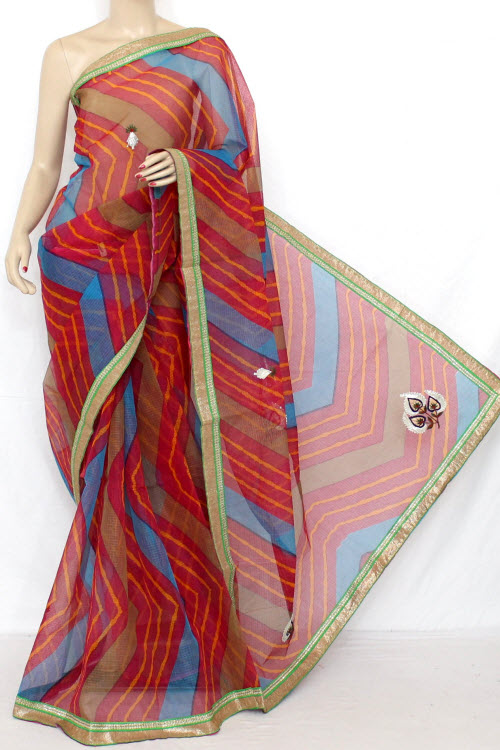 Rani (Red) Hand Woven Traditional Laharia Kota Saree (With Blouse - Cotton) 12636