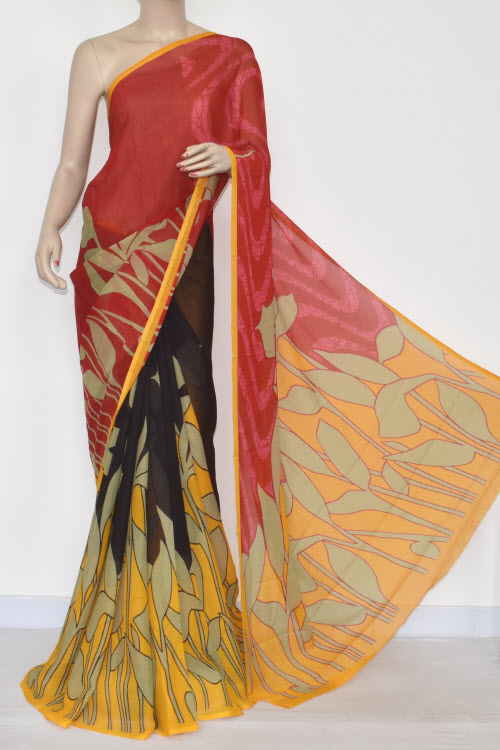 Red Yellow Printed Wrinkle Georgette Saree (With Blouse) 13426