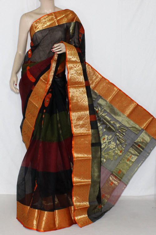 Black (Orange Border) Handwoven Bengali Tant Cotton Saree (With Blouse) Zari Border 14116
