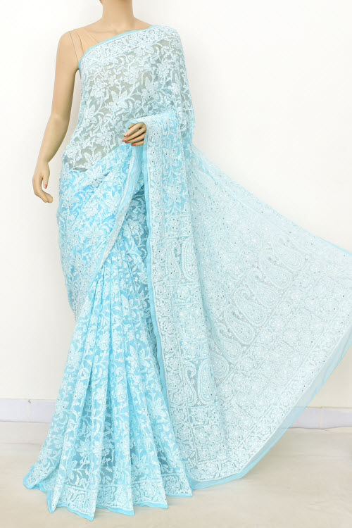 Blue saree chikankari saree wedding shopping online sarees