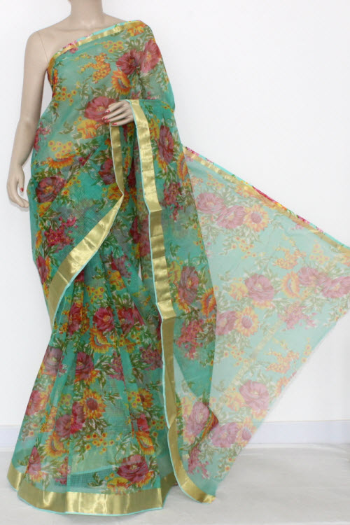 Sea Green JP Kota Doria Printed Cotton Saree (without Blouse) Zari Border & Pallu 15304