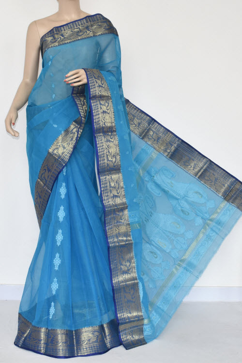 Pherozi Blue Handwoven Bengal Tant Cotton Saree (Without Blouse) Zari Border 17370