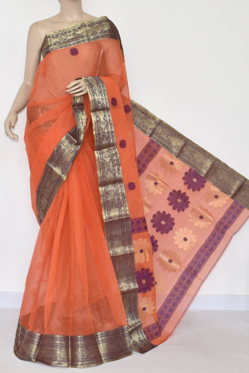 Orange Handwoven Bengal Tant Cotton Saree (Without Blouse) 17382