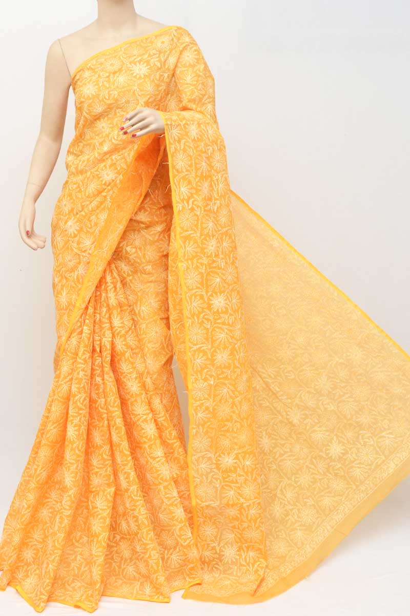 Buy Orange Color Tepchi Work Hand Embroidered Lucknowi Chikankari Saree  (With Blouse) MC251150 | www.maanacreation.com